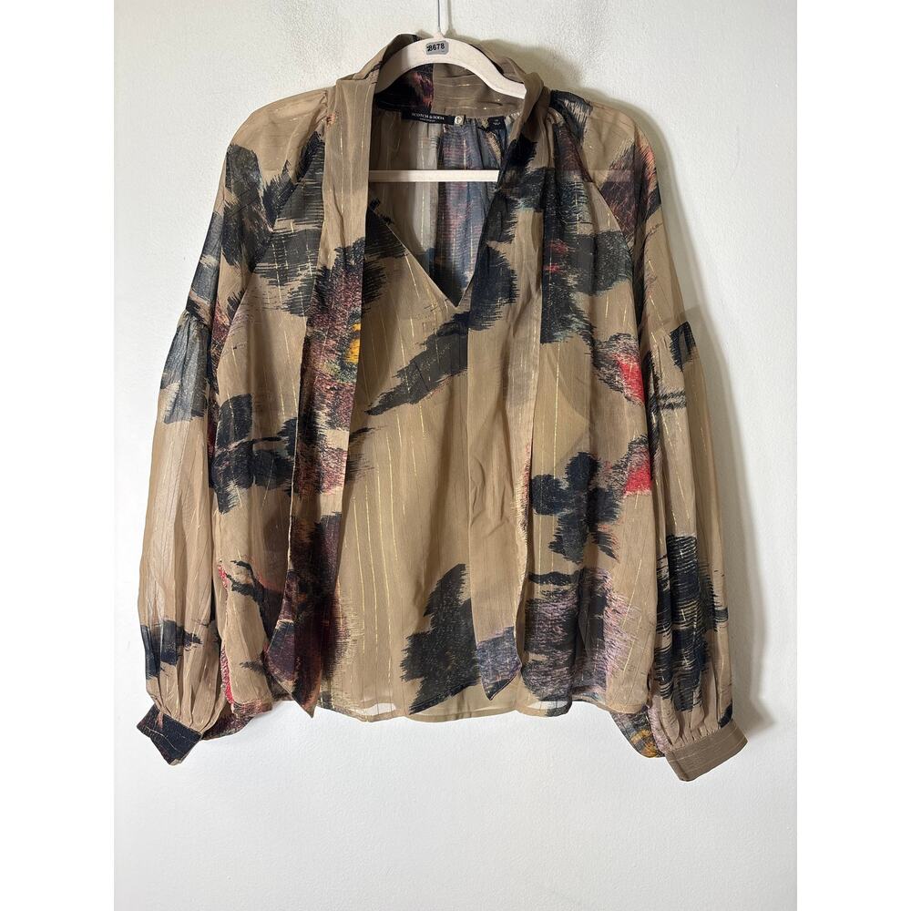 Scotch & Soda Beige Sheer Blouse with Black and Red Abstract Brushstrokes